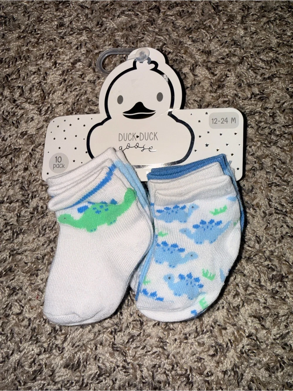 Duck Duck Goose 10-Pack Baby Socks (12-24M) - White with Blue & Green Prints